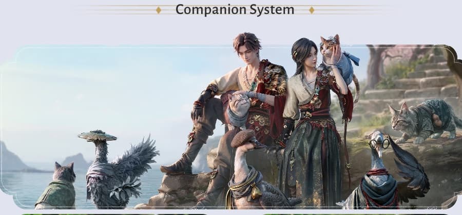 Where Winds Meet characters surrounded by cat and goose Companions