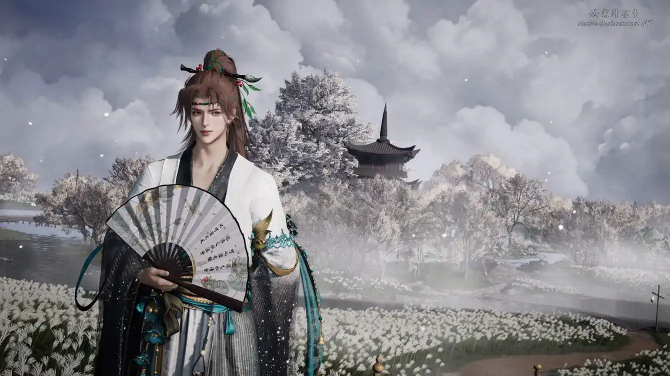 Where Winds Meet character holding a fan in a snowy landscape from the author's Honglu Yaji source article