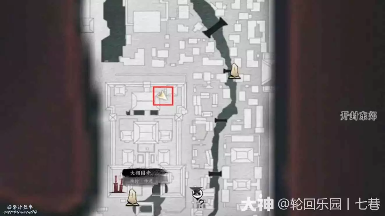 Older Chinese-client Kaifeng map marking the temple route used to find Shi Yi for Golden Body