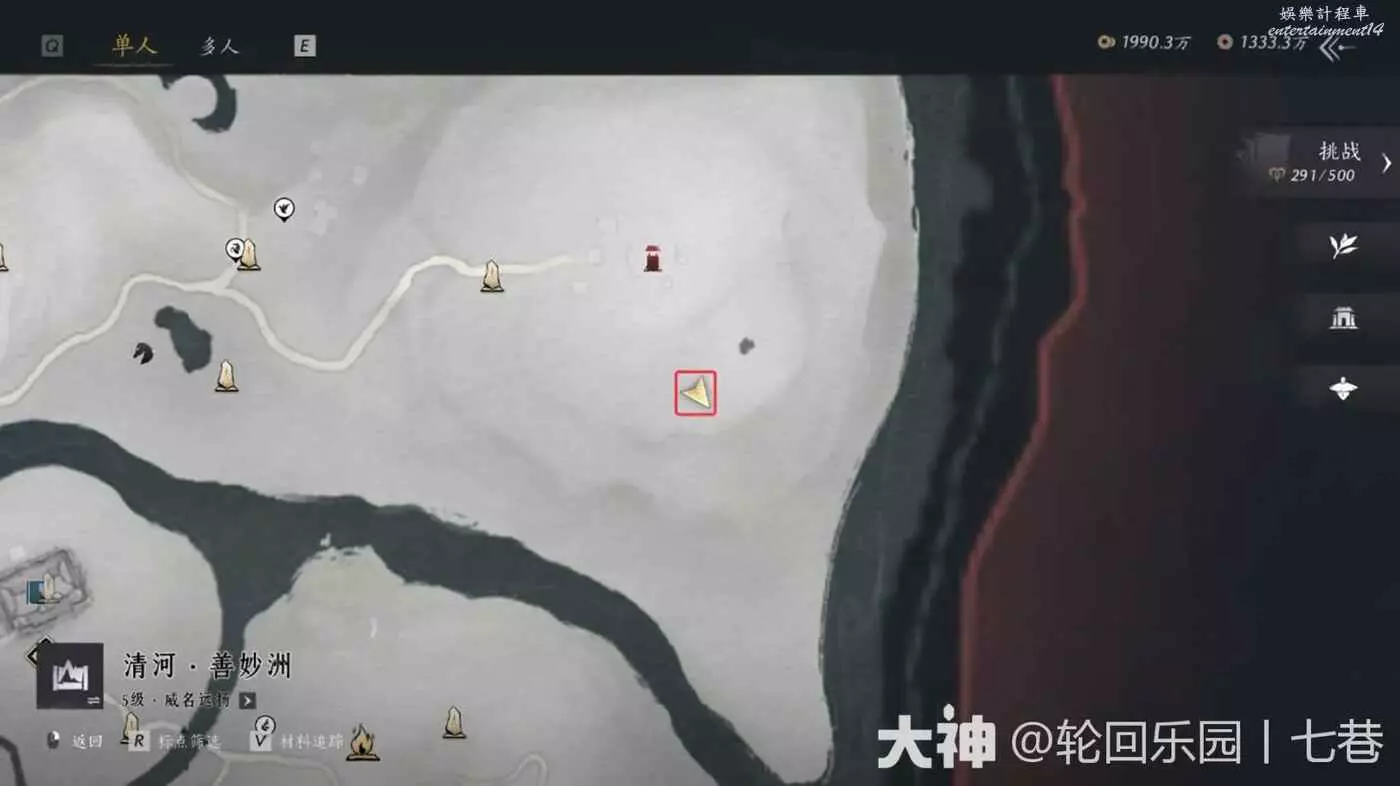 Older Chinese-client Qinghe map showing the Lion's Roar bell route in the northeastern Sundara Land area