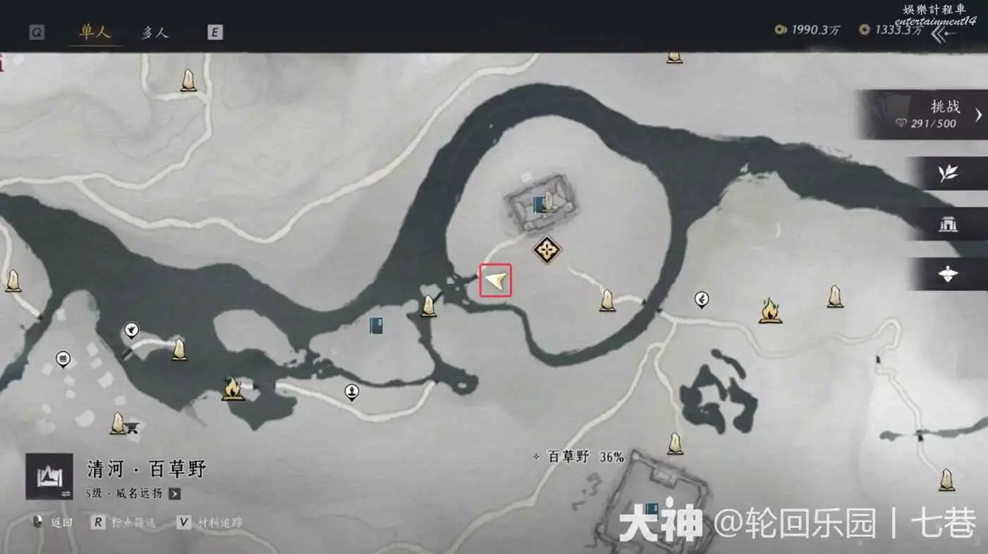 Older Chinese-client Qinghe map showing the second Lion's Roar bell marker south of the General's Shrine area