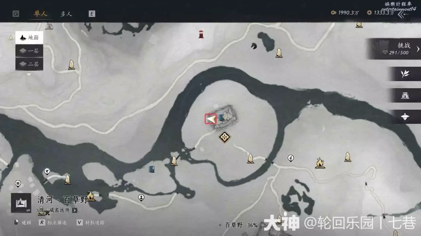 Older Chinese-client Qinghe map showing the first Lion's Roar bell marker near the General's Shrine area