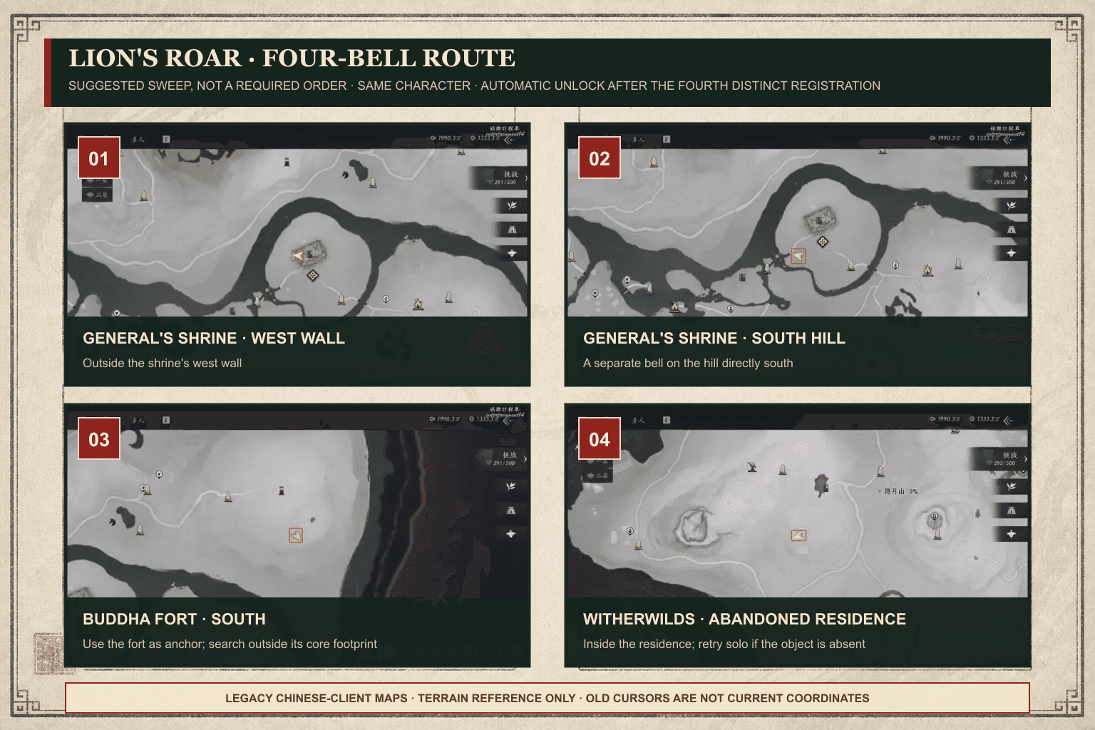 Lion's Roar four-bell route overview showing the General's Shrine west-wall and south-hill maps, the Buddha Fort south map, and the Witherwilds abandoned-residence map