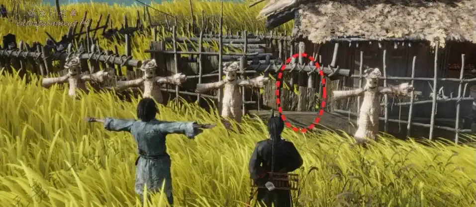 Songshu Bay scarecrow row with the missing player position circled