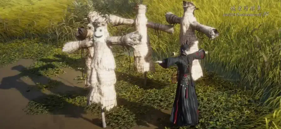 Banyan Zhai scarecrows arranged beside trees in a circle