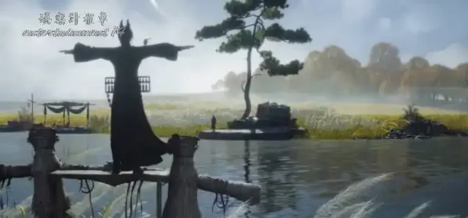 Two Jinghe Ferry scarecrows standing on the wooden plank platform