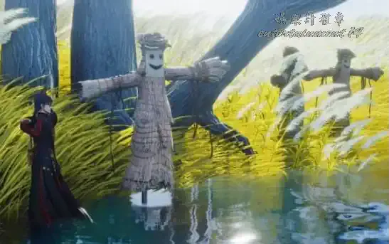 Player standing beside the Jinghe Ferry scarecrow with the left-turn cue