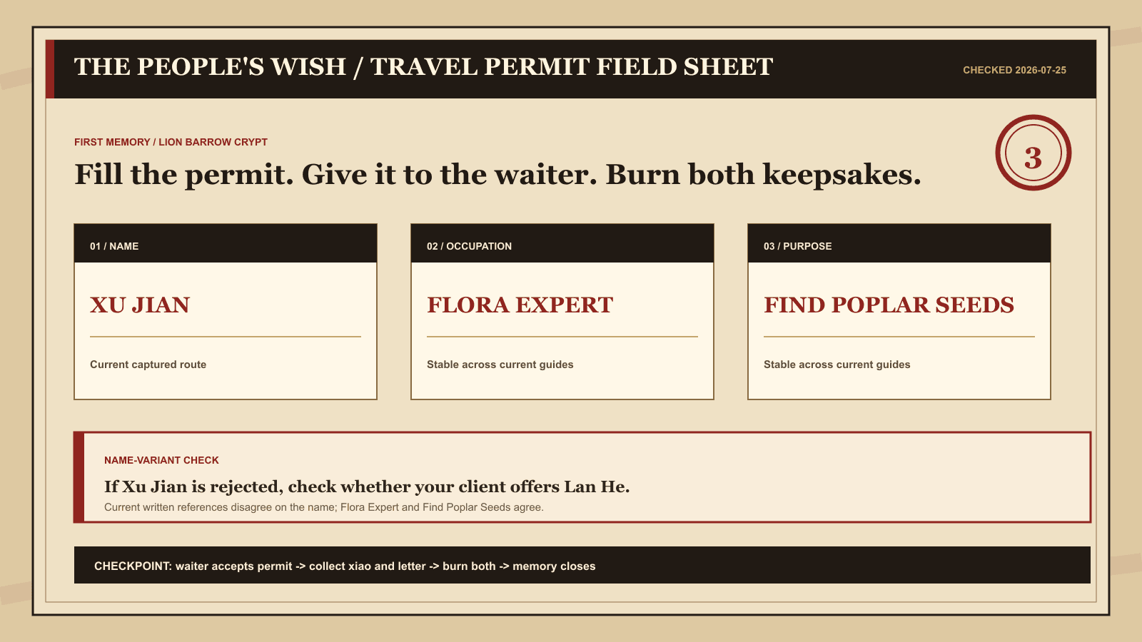 Where Winds Meet The People's Wish travel permit field sheet showing Xu Jian, Flora Expert, Find Poplar Seeds, and the Lan He version check