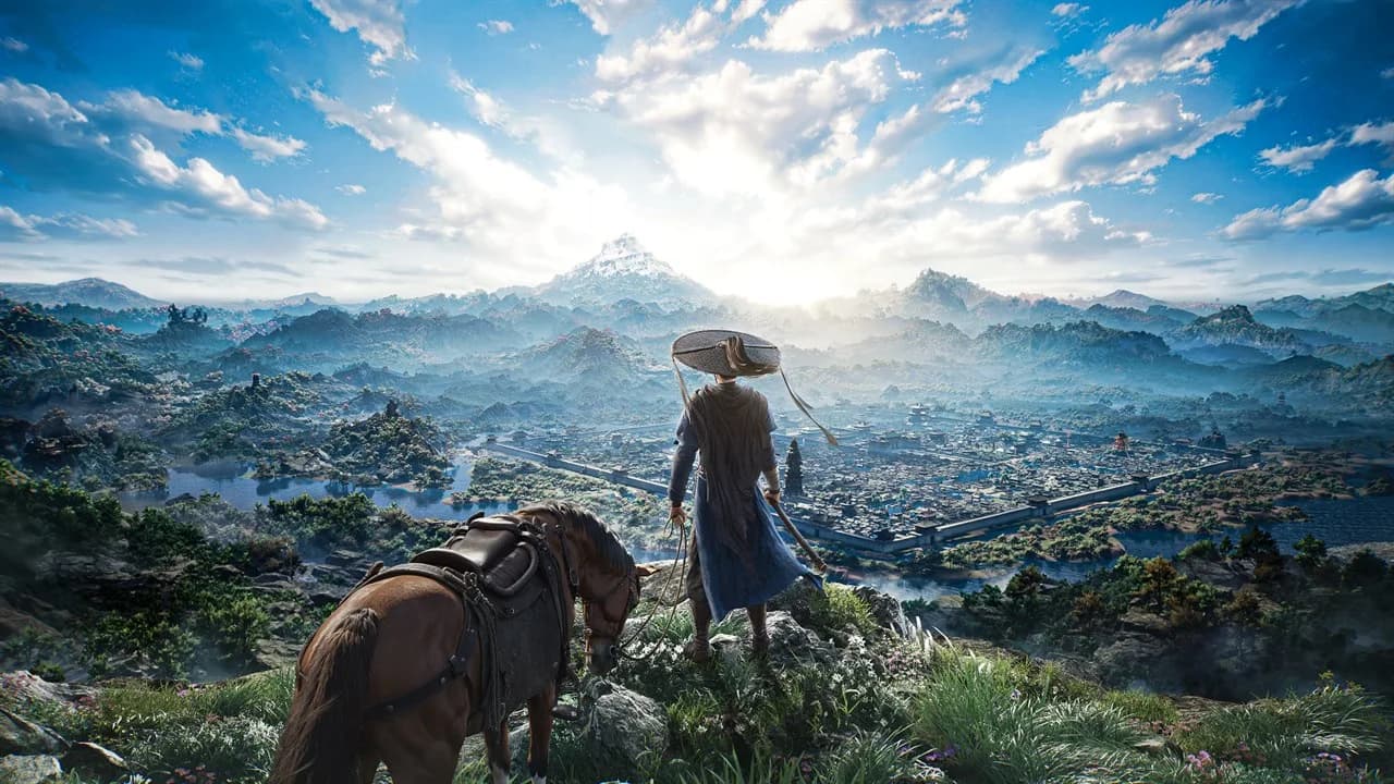 Where Winds Meet official Microsoft Store artwork showing a wanderer and horse above the open world